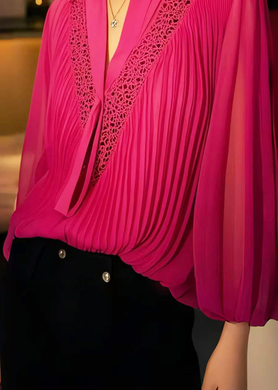 Rose Hollow Out Wrinkled Chiffon Blouses Spring