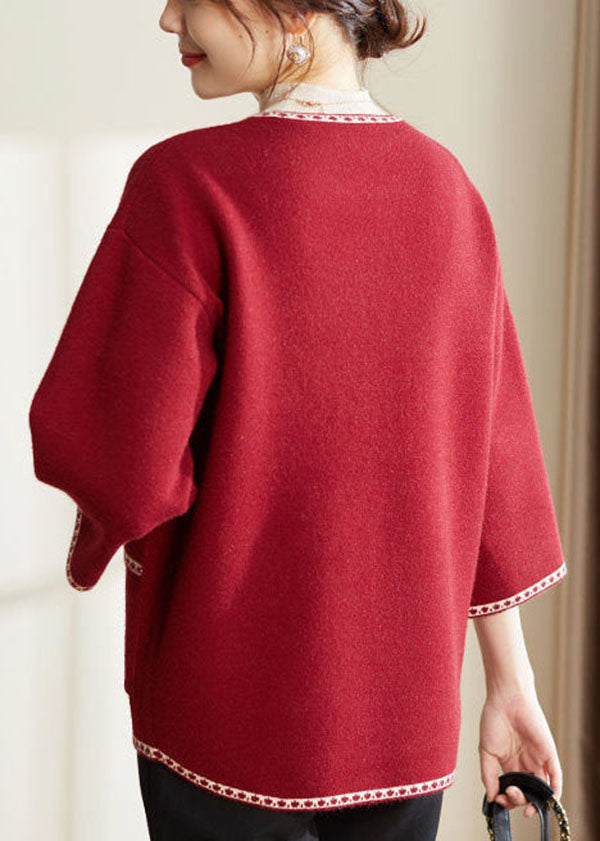 Red Thick Woolen Loose Cardigans O-neck Bracelet Sleeve