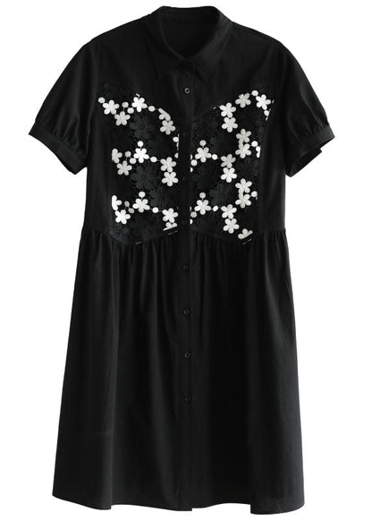 Black Button Peter Pan Collar Embroideried Cotton Shirt Pleated Dress Short Sleeve