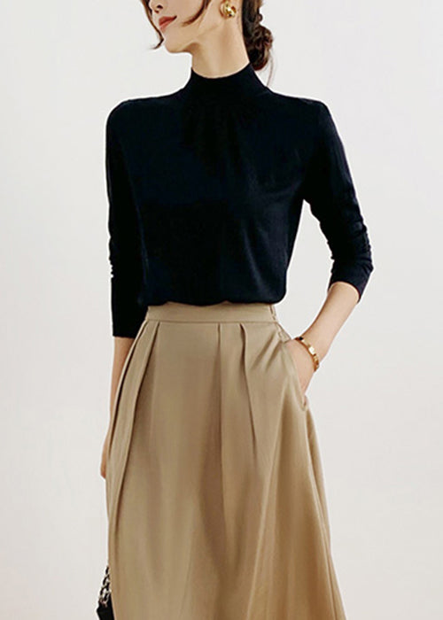 New Black Turtleneck Patchwork Knit Top Fall