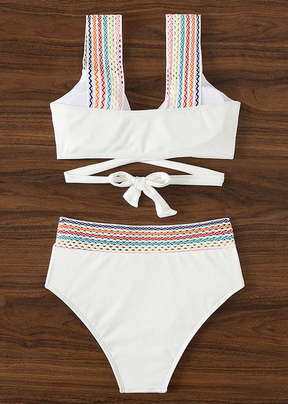 White Patchwork Backless Swimwear Two Pieces Set