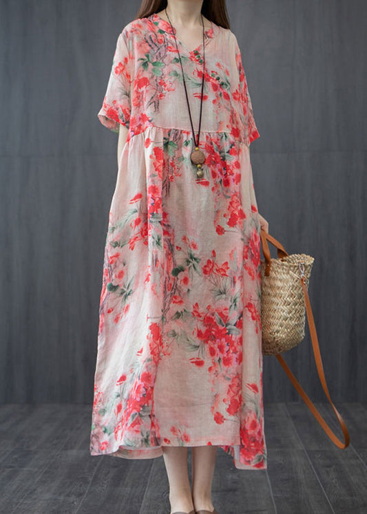 French Red Wrinkled V Neck Linen Long Dress Short Sleeve