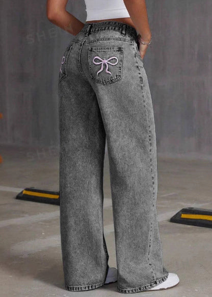 Grey Embroidered Pockets Denim Pants Summer