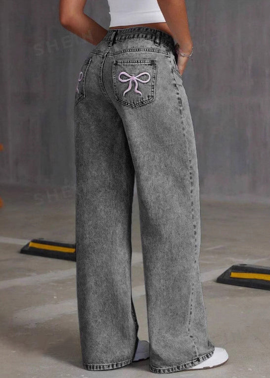 Grey Embroidered Pockets Denim Pants Summer