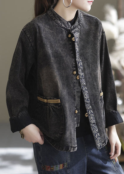 Black Oversized Pockets Patchwork Cotton Denim Coats Fall