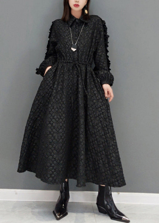 Black Ruffled Jacquard Patchwork Cotton Long Dress Fall