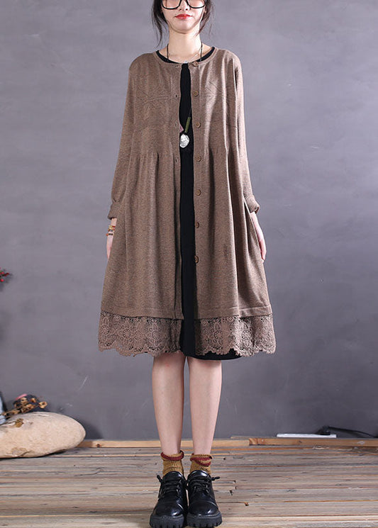 Khaki Button Hollow Out Patchwork Knit Cardigan Spring