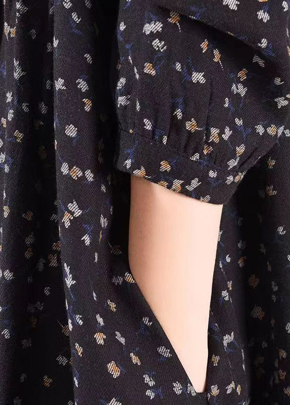 Black Print Pockets Wrinkled Patchwork Cotton Long Dresses Fall