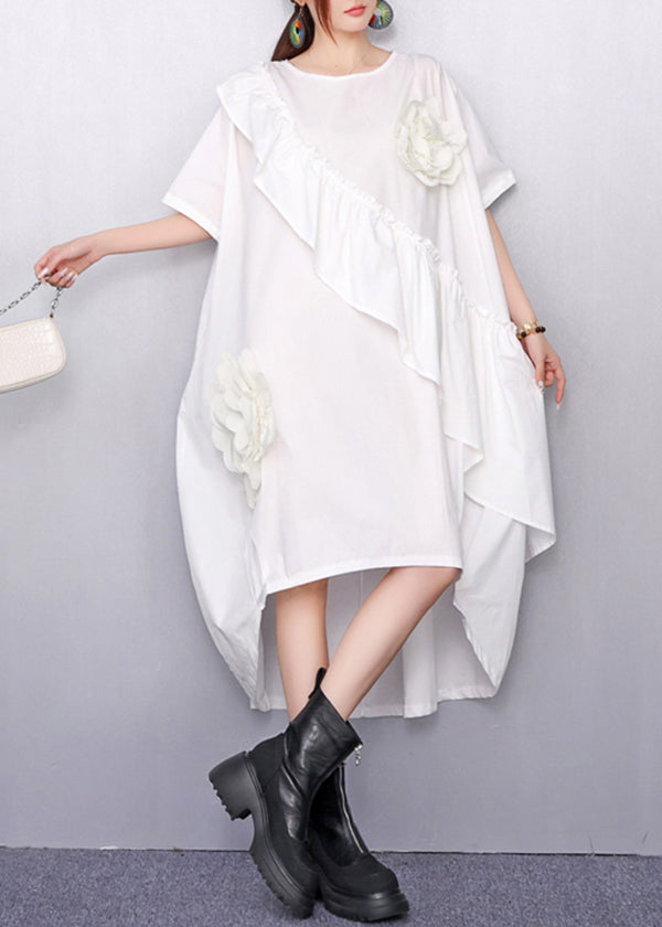 Summer White Asymmetrical Ruffle Dress 3d Accents