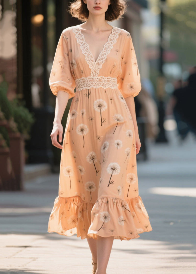 Orange Print Patchwork Chiffon Long Dress Summer