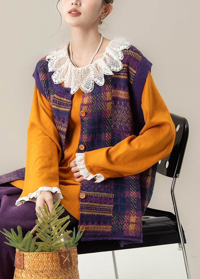 Organic Purple Plaid O-neck Cotton Knit Waistcoat Sleeveless Spring