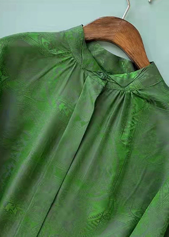 Green Stand Collar Button Jacquard Silk Blouse Tops Long Sleeve