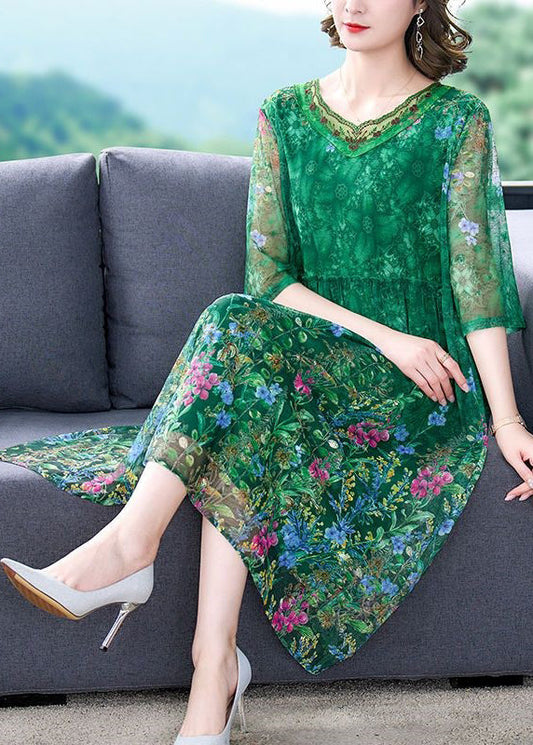 Green Ruffled Print Tulle Dress Half Sleeve