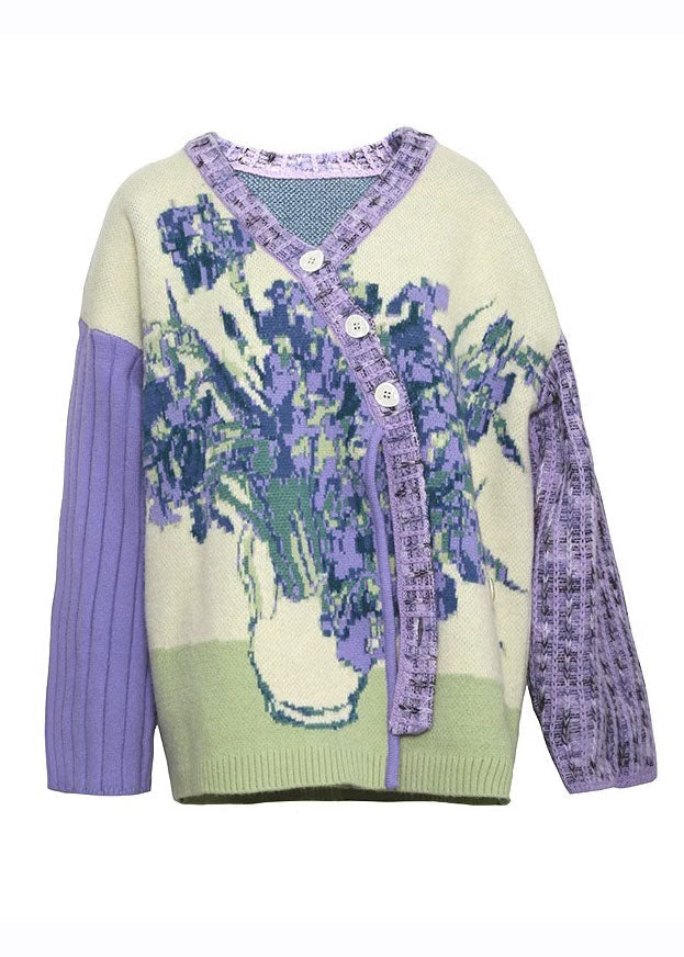 Loose Purple V Neck Button Cotton Knit Sweater Coats Fall