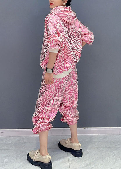 Vogue Rose Striped Print Hooded Top and Pants Two Pieces Set Fall