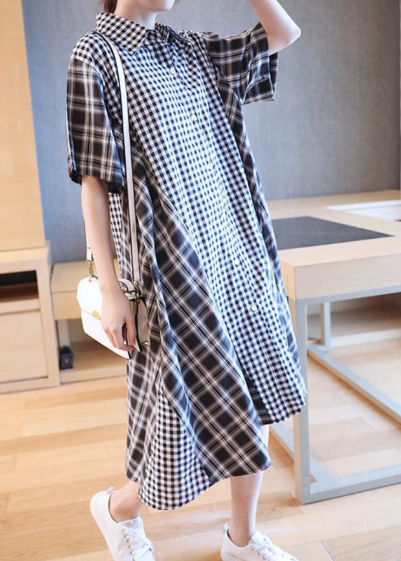 Black White Plaid Peter Pan Collar Button Shirts Dresses Half Sleeve