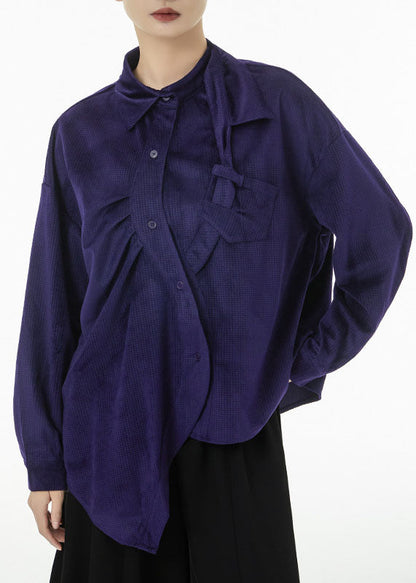 Purple Asymmetrical Design Silk Velour Shirt Top Spring
