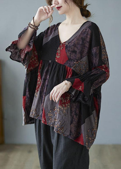 Diy Ruffles Flare Sleeve Print V Neck Tops