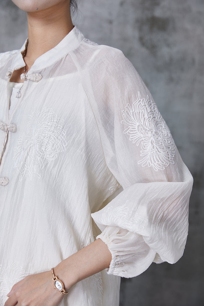 White Embroidered Chinese Button Chiffon Two Piece Set Summer