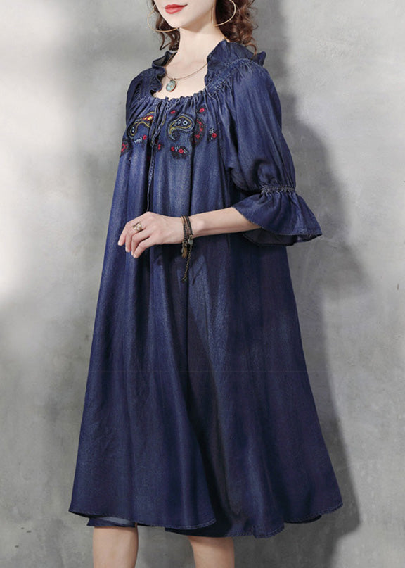 Blue Square Collar Embroideried Ruffled Patchwork Long Dresses Half Sleeve