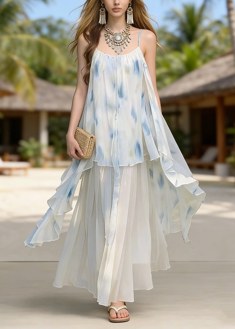 Asymmetrical Tie Dye Chiffon Spaghetti Strap Dress Summer
