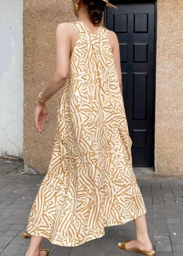 Yellow V Neck Print Cotton Vacation Dress Sleeveless