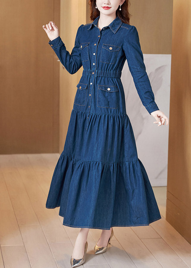 Denim Blue Peter Pan Collar Patchwork Wrinkled Tunic Button Cotton Maxi Dresses Long Sleeve