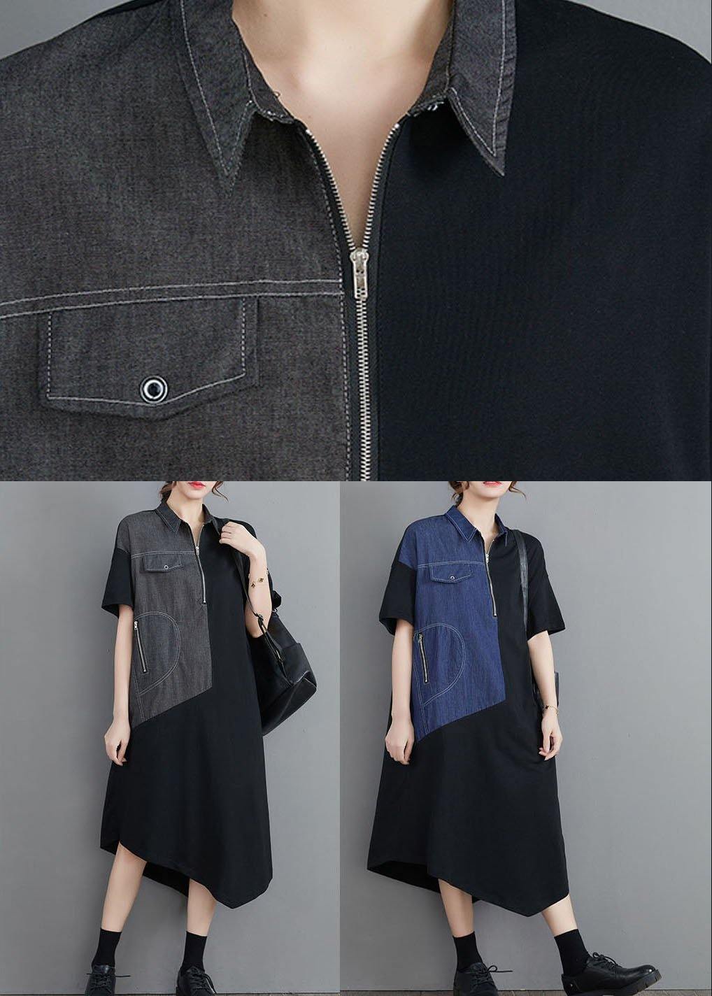 Classy Grey Patchwork Peter Pan Collar Pockets Long Summer Cotton Dress