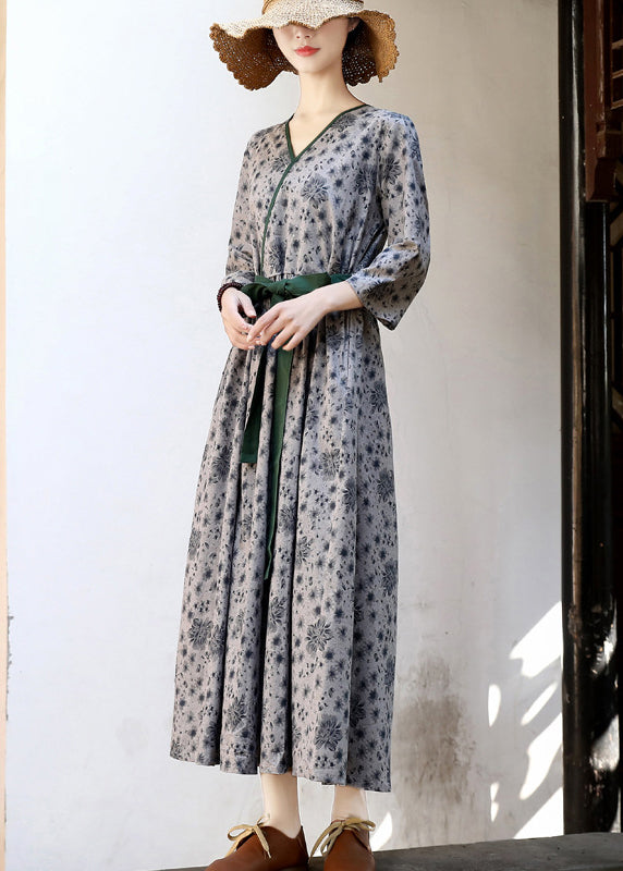 Green Tie Waist Print Linen Long Dress Three Quarter Sleeve