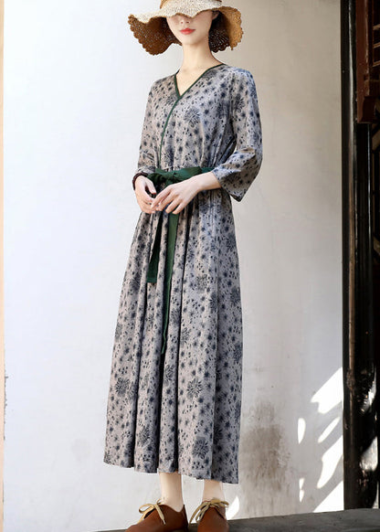 Green Tie Waist Print Linen Long Dress Three Quarter Sleeve