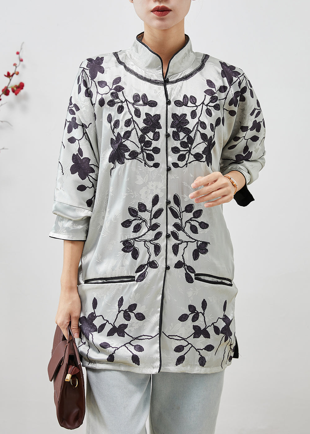 Grey Mandarin Collar Jacquard Silk Shirts Spring