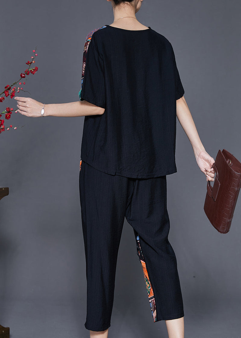 Black Oversized Patchwork Cotton Two Pieces Set Summer