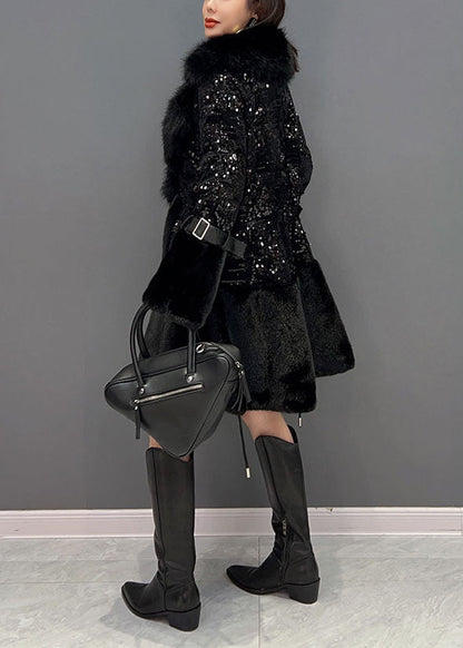 Black Fur Collar Sequins Patchwork Pockets Leather and Fur Coats Winter