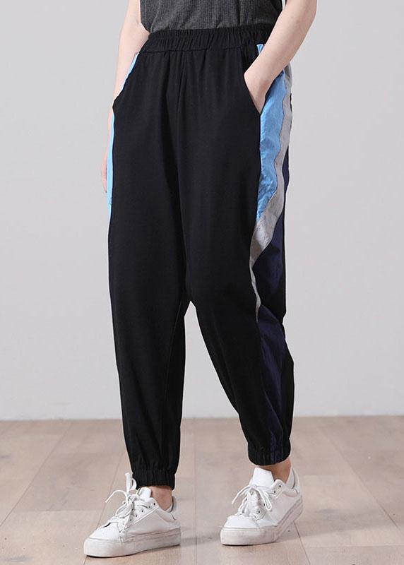 Black Elastic Waist Pockets Sports Cotton Pants