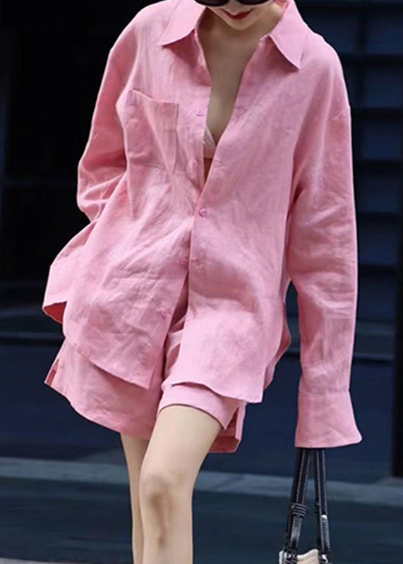 Modern Pink Button Shirts and Shorts Two Pieces Set Spring