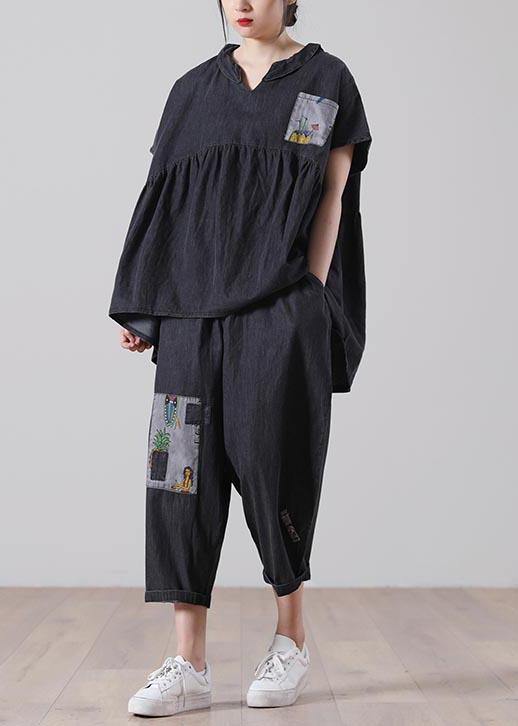 Black Patchwork Pockets Cotton Two Pieces Set Summer