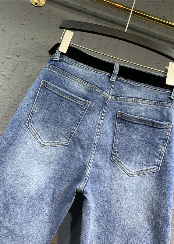 Diy Blue High Waist Pockets Patchwork Denim Pants Fall