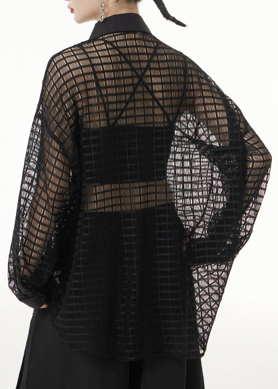 Black Peter Pan Collar Hollow Out Patchwork Lace Shirts Long Sleeve