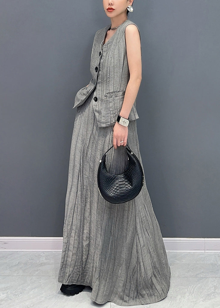 Grey Patchwork Button Top and Maxi Skirts Two Piece Set Summer