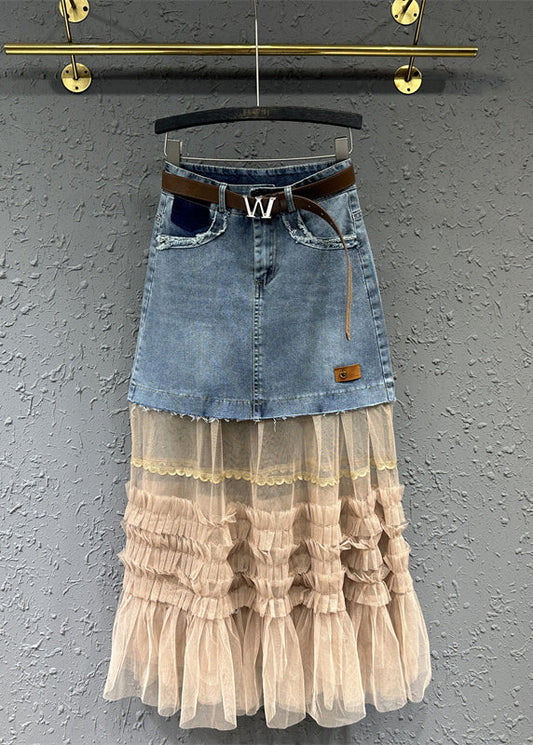 Colorblock Tulle Ruffled Pockets Patchwork Denim Skirt Fall