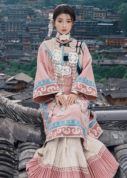 Chinese Style Pink Embroideried Wrinkled Cotton Two Pieces Set Fall