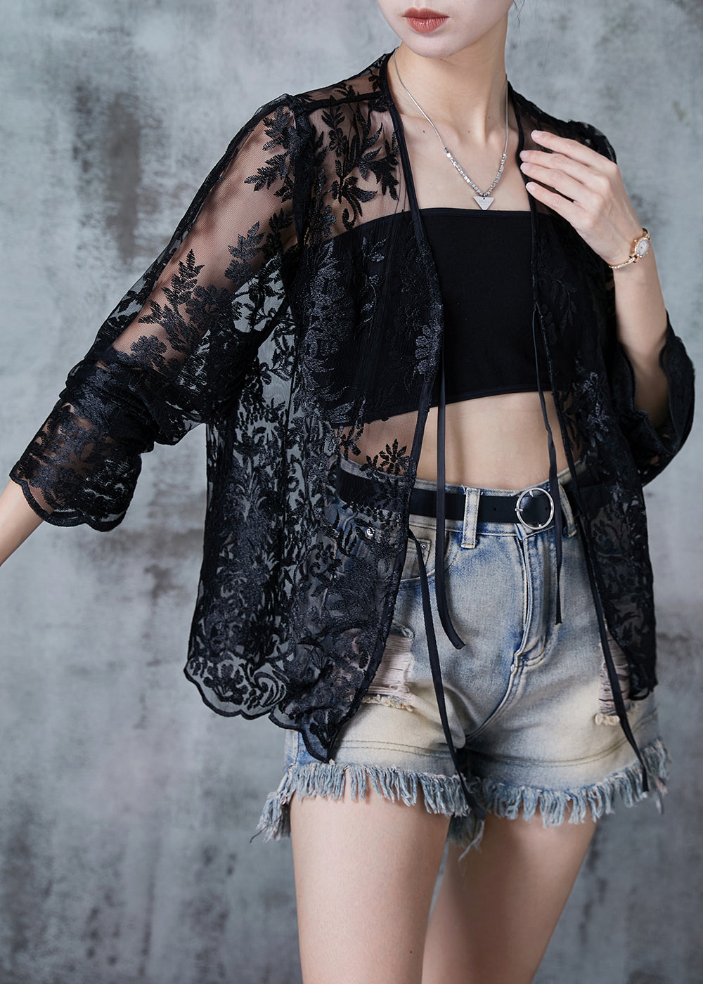 Italian Black Embroidered Tulle Upf 50+ Cardigan Summer