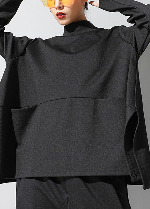 Boutique Black Loose Pockets Side Open Fall Long Sleeve Top