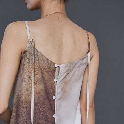 Brown Tie Dye Draping Silk Spaghetti Strap Dress Summer