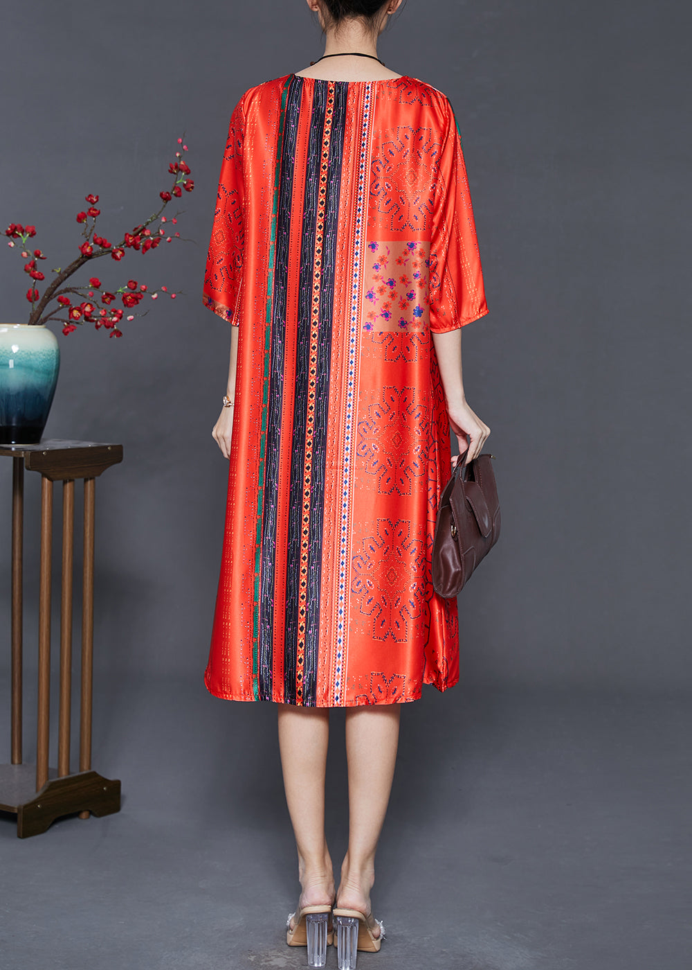 Red Oversized Print Chiffon Long Dress Summer