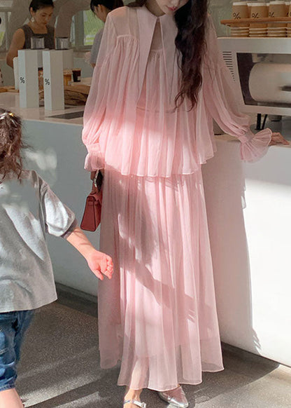 Pink Patchwork Wrinkled Tulle Shirt and Maxi Skirts Two Piece Set Spring