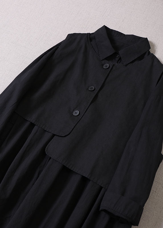 Loose Black Asymmetrical Pockets Cotton Two Pieces Set Dress + Vest Spring