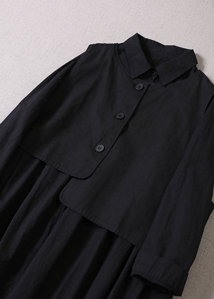 Loose Black Asymmetrical Pockets Cotton Two Pieces Set Dress + Vest Spring