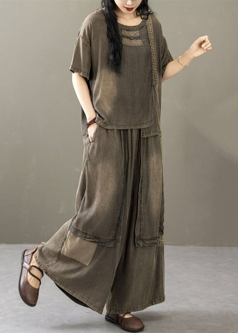 Khaki Elastic Waist Patchwork Denim Two Pieces Set O Neck Short Sleeve