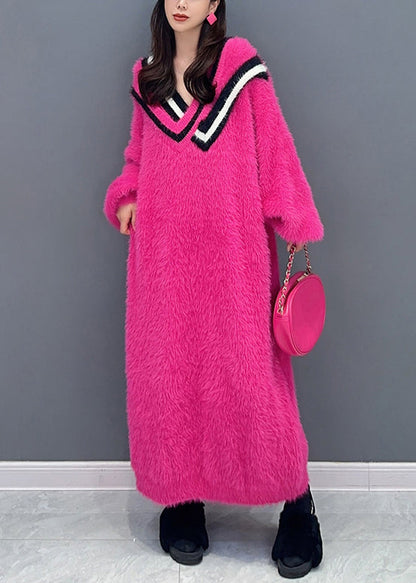New Rose V Neck Patchwork Mink Velour Maxi Dresses Long Sleeve